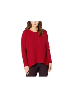 Eileen Fisher Womens Red Knit Ribbed Textured Scoop Neck Hi-Lo Sweater Size M